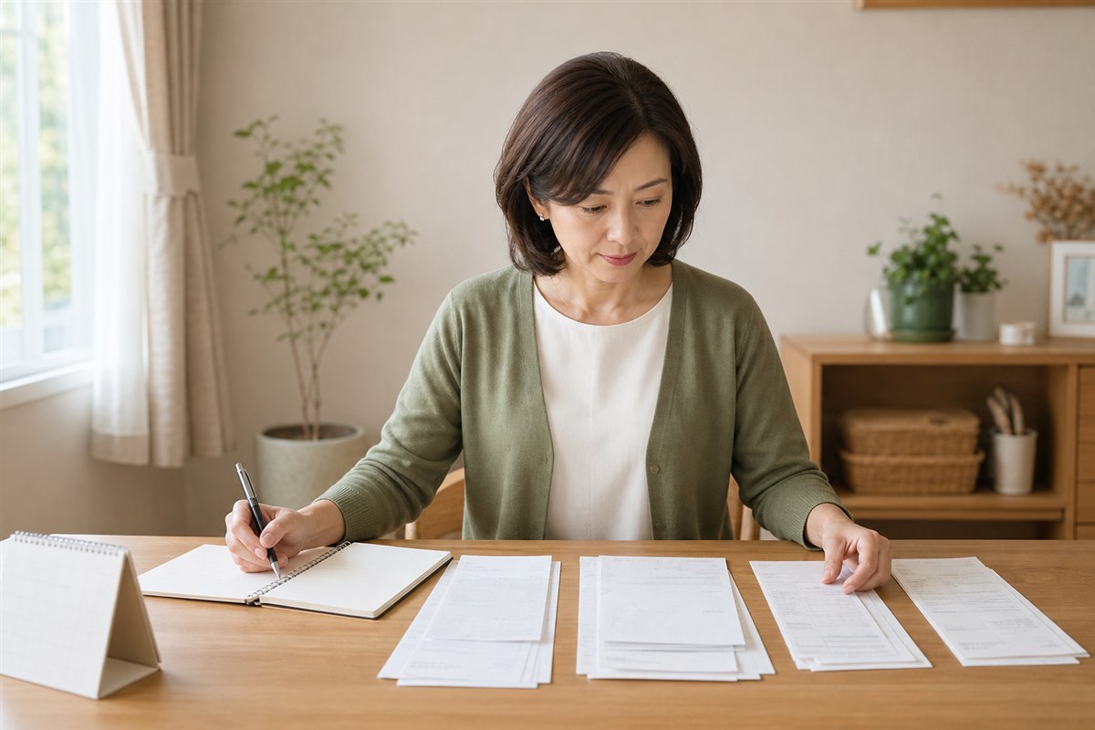 評価面談の資料を整理する40代女性