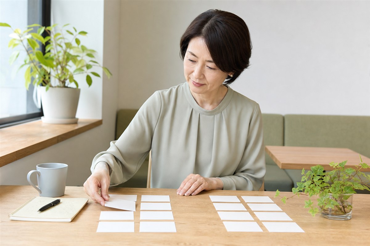 仕事と職場環境の違いをカードで分ける50代女性