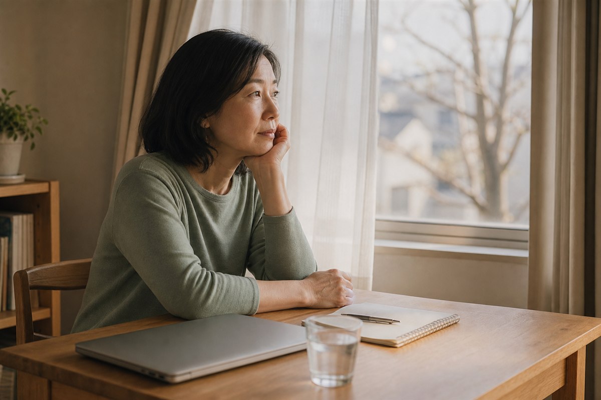 仕事を終えて窓辺で静かに休む50代女性