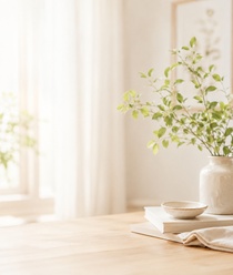 明るい部屋の植物とデスク