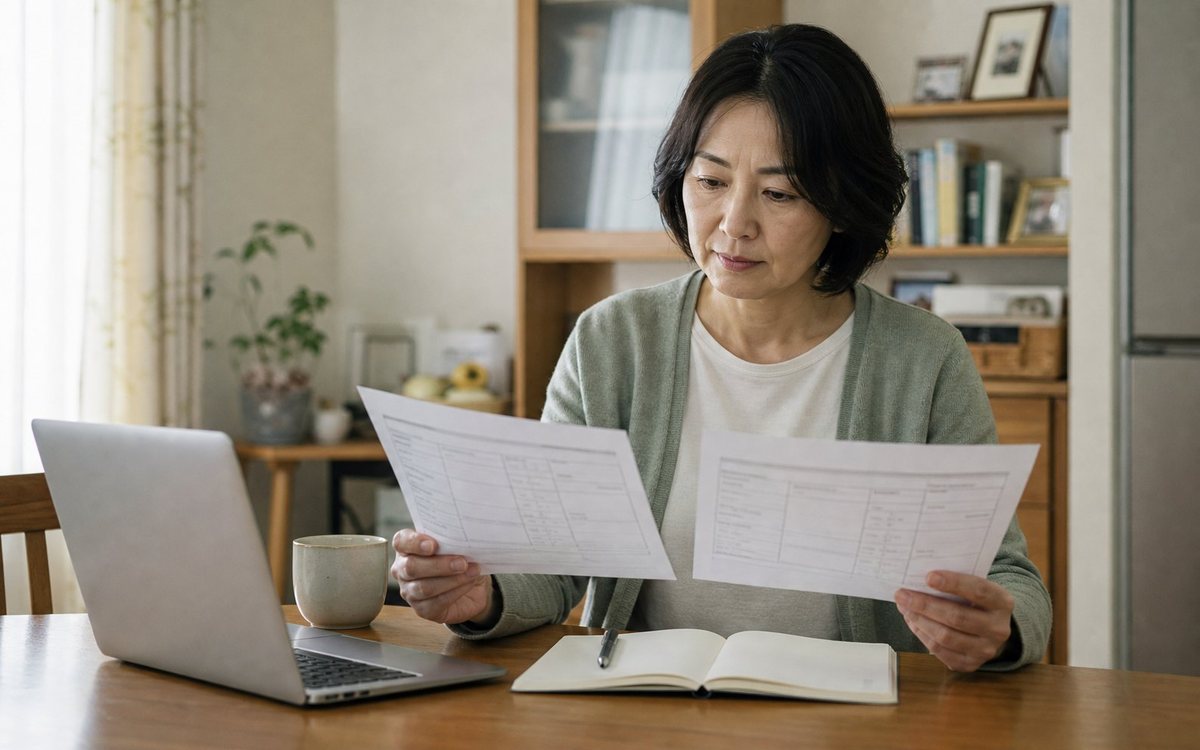 自宅で二つの求人条件を見比べる女性