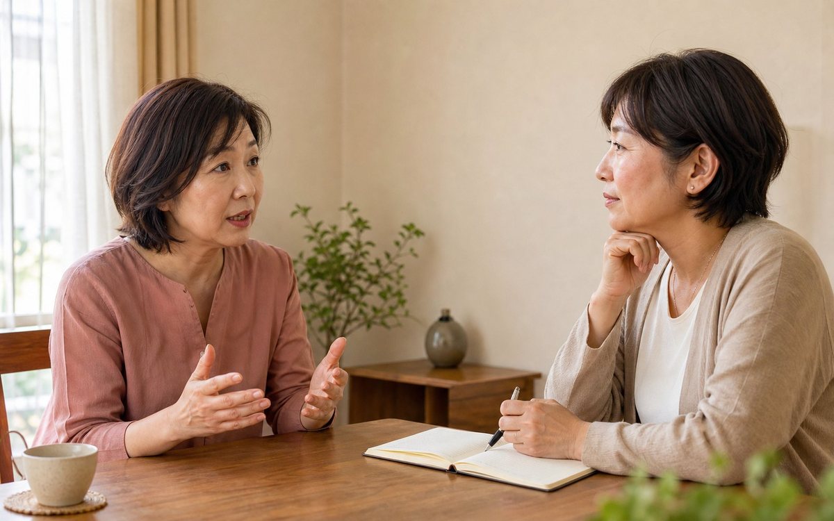 落ち着いた対話で仕事の迷いを整理する二人の女性